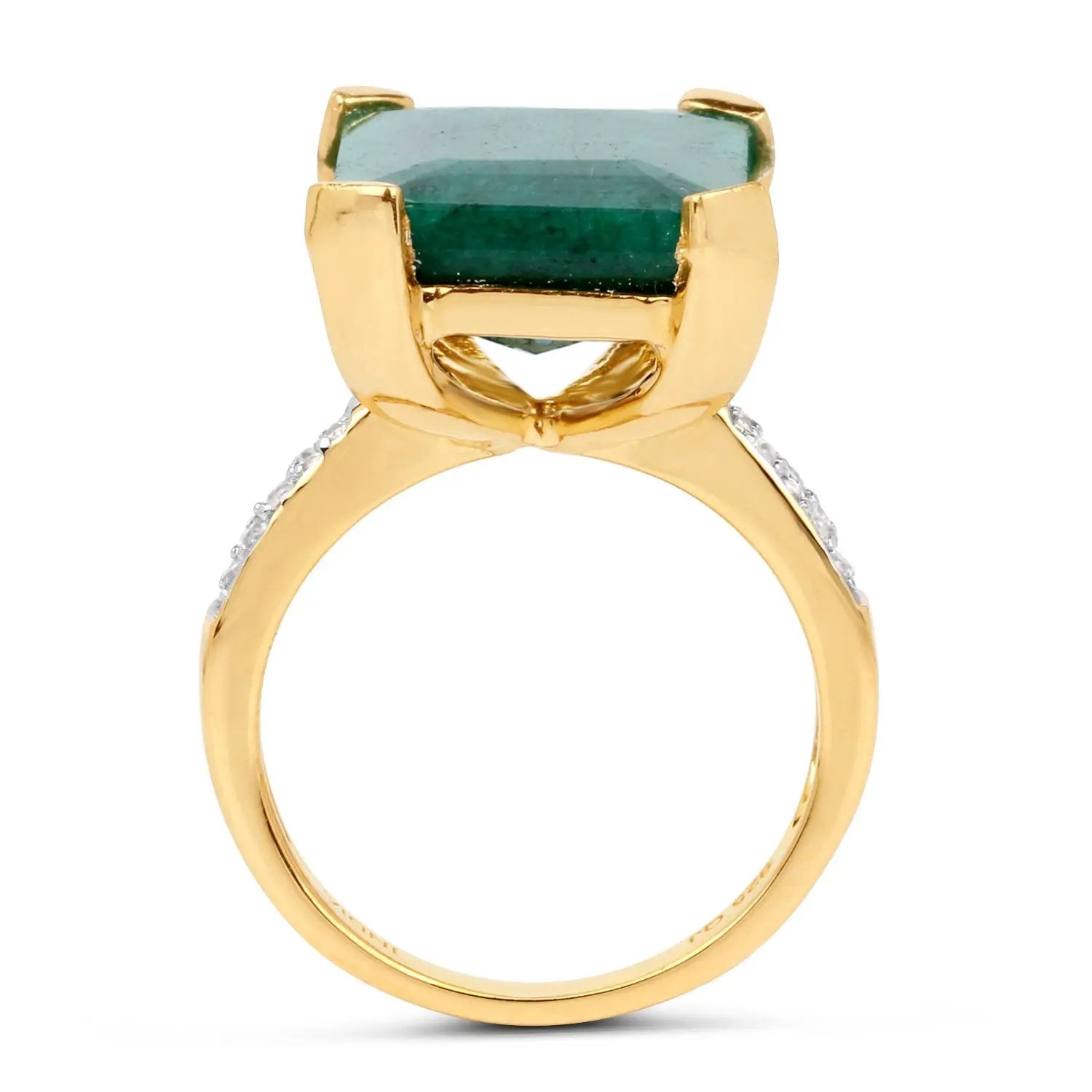 Emerald-cut dyed emerald and white diamond ring with diamond shoulders in gold-tone band on Tampa Home & Garden Store