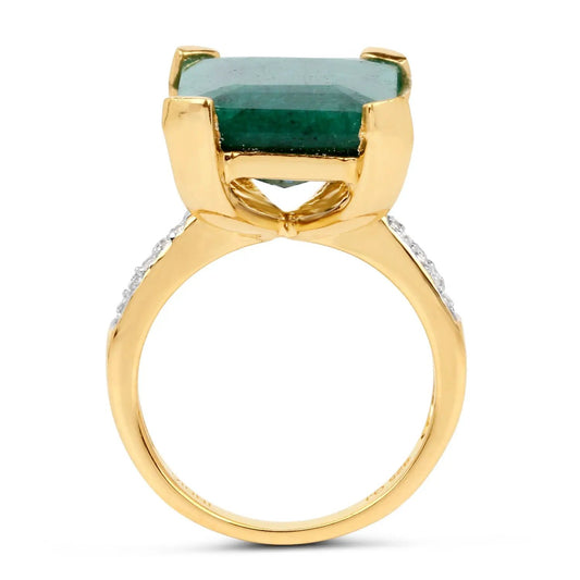 Emerald-cut dyed emerald and white diamond ring with diamond shoulders in gold-tone band on Tampa Home & Garden Store