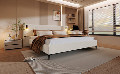 Elegant Boucle Bed With Built In Light And Shelf