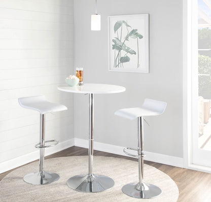 Contemporary adjustable bar table with hydraulic lift white finish paired with 3 white stools on Tampa Home & Garden Store