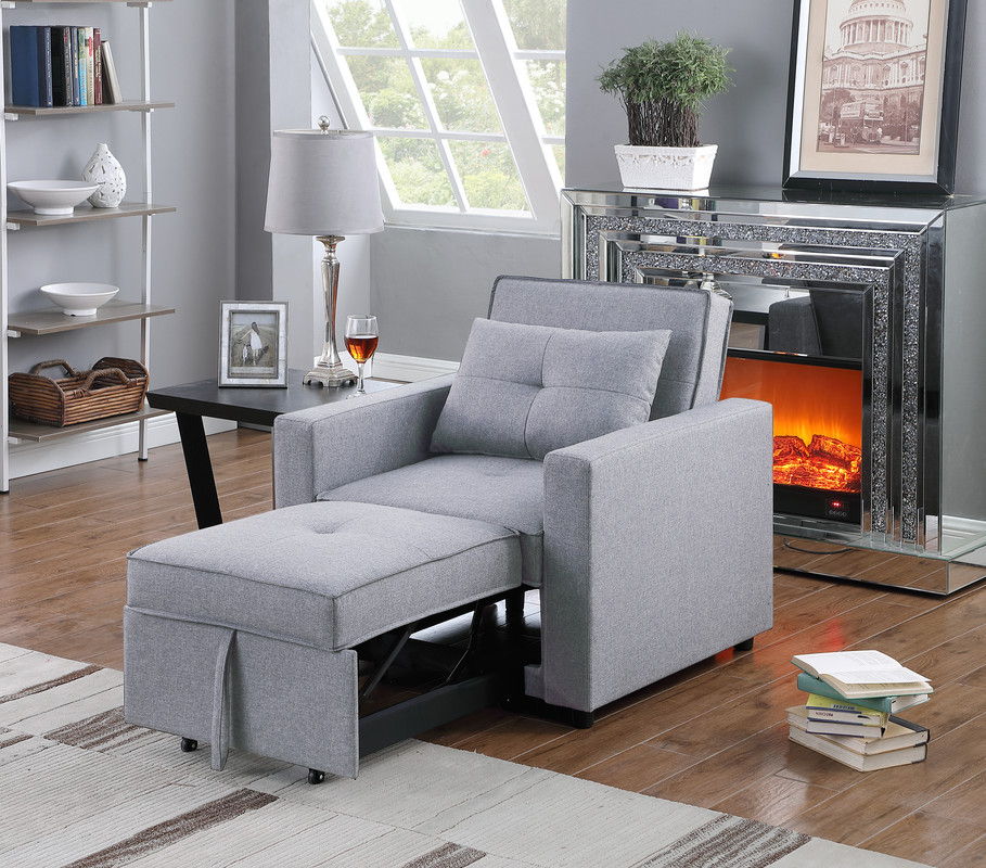 Zoey Convertible Sleeper Chair With Side Pocket in grey fabric cushions by HouseOfZazla on Tampa Home & Garden Store