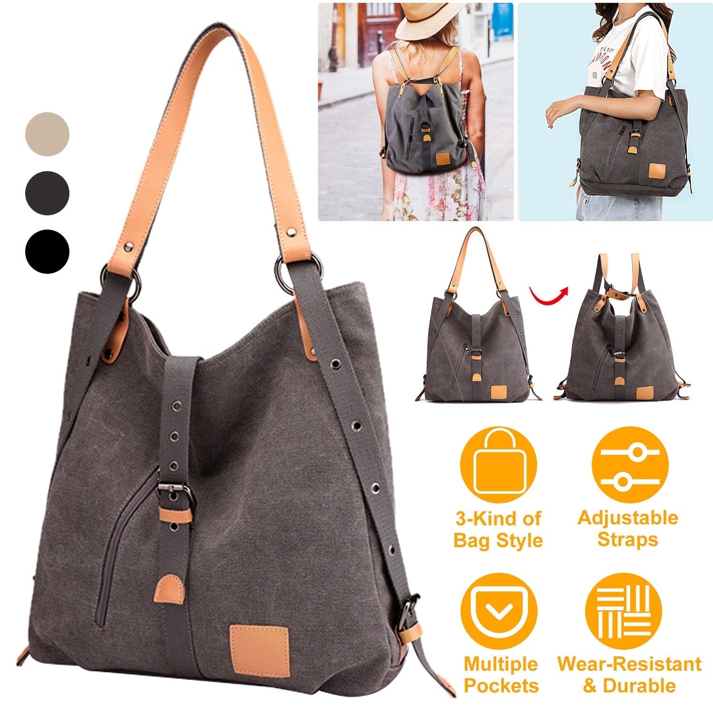 Ladies canvas tote by GemGear with tan leather trim, adjustable straps for shoulder or backpack on Tampa Home & Garden Store