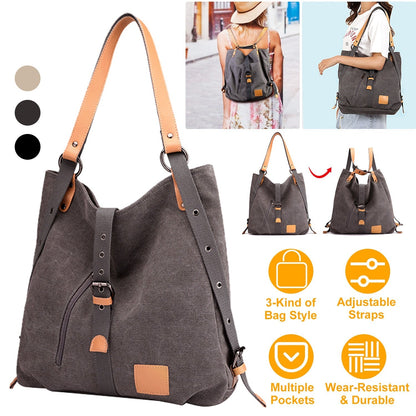 Ladies canvas tote by GemGear with tan leather trim, adjustable straps for shoulder or backpack on Tampa Home & Garden Store