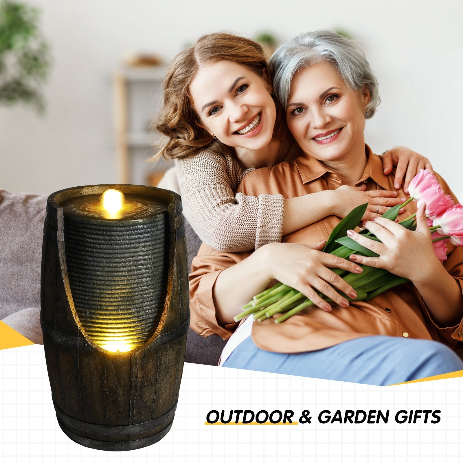 Wooden barrel style outdoor water fountain with lights, HouseOfZazla, beside a smiling couple on Tampa Home & Garden Store