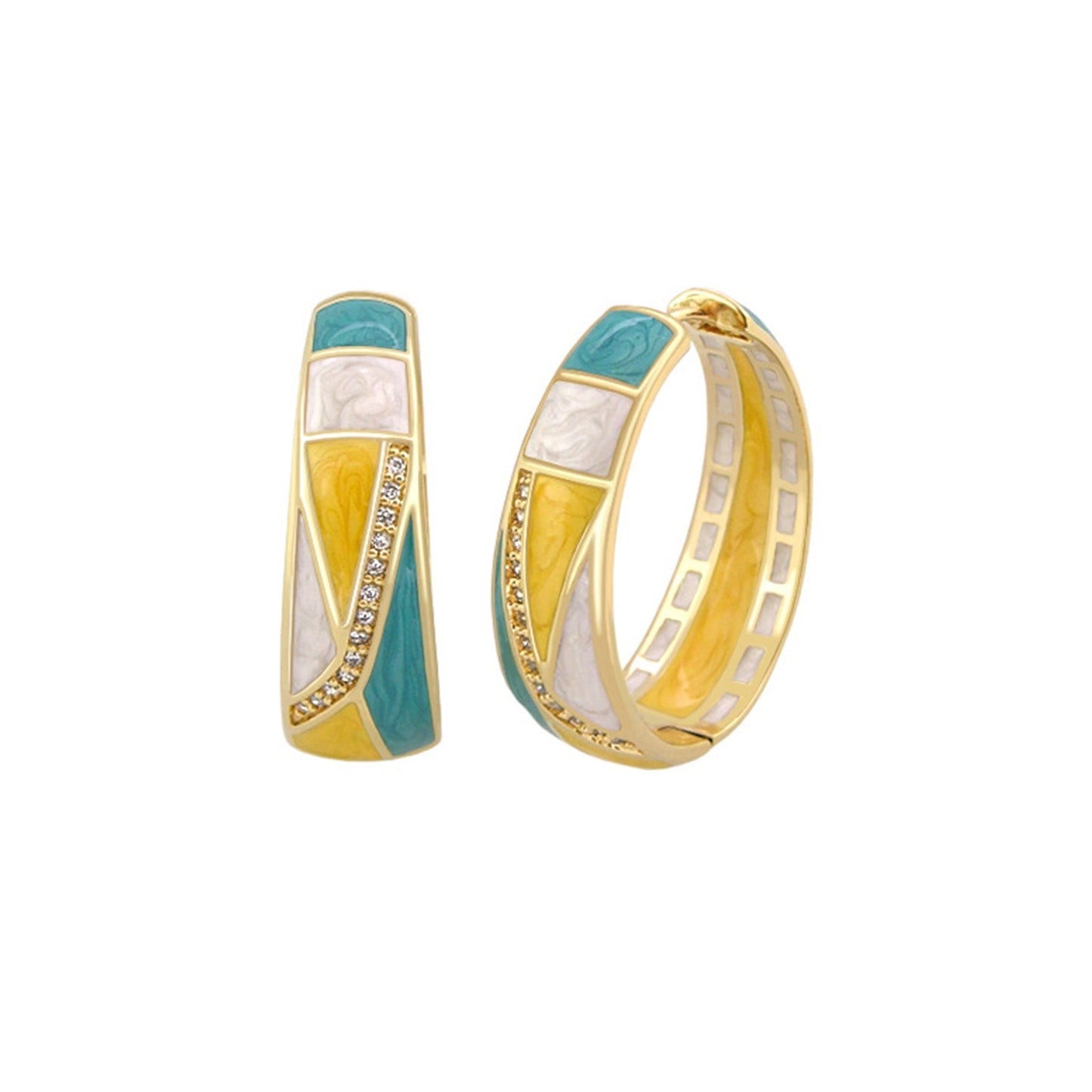 Art Deco Enamel Hoop Earrings And Gold Plated