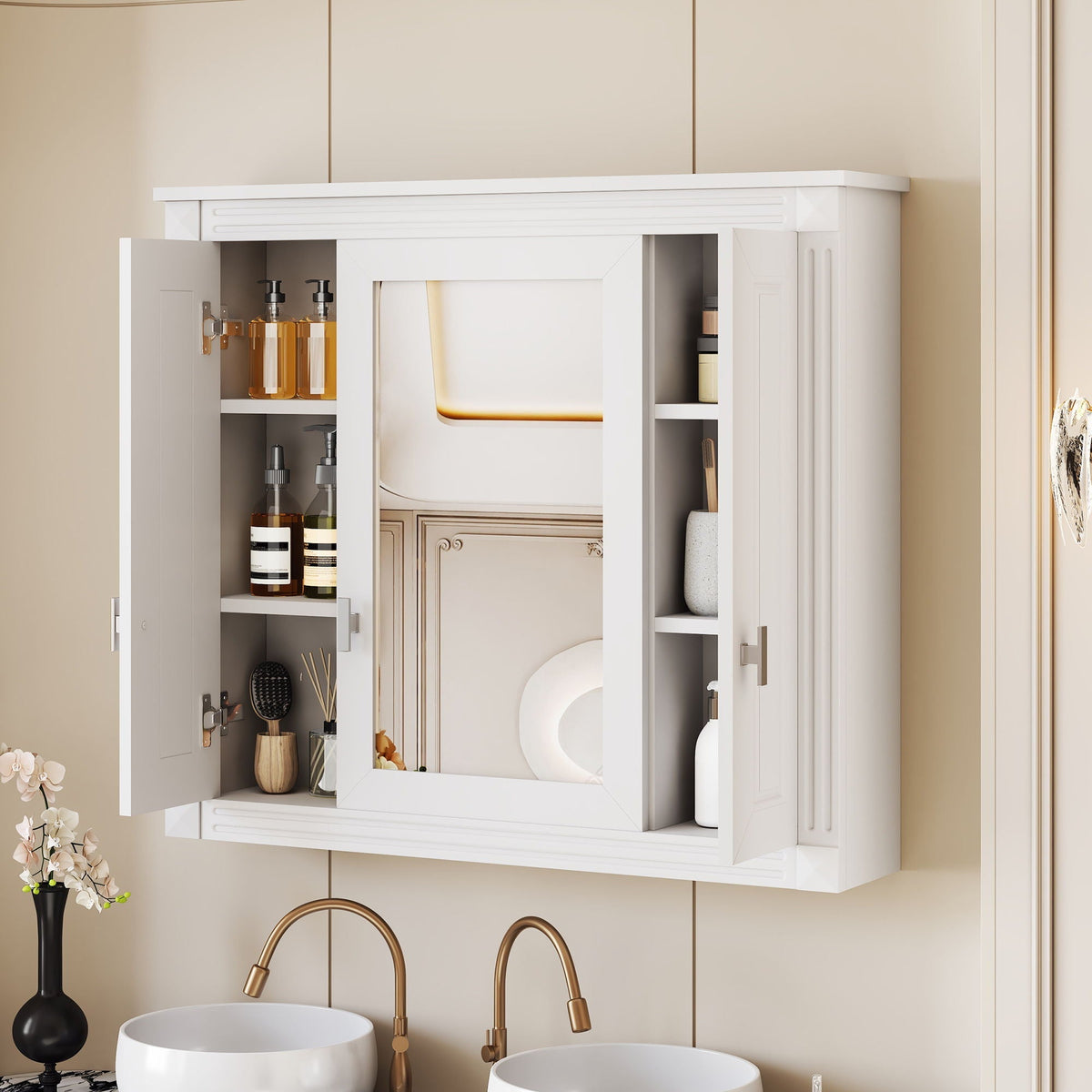 Wall mounted bathroom cabinet with 5 adjustable shelves and central mirror in white on Tampa Home & Garden Store