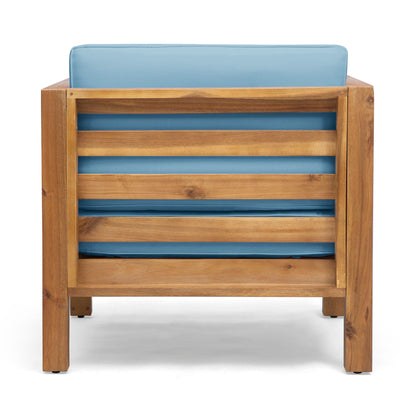 Outdoor acacia wood patio chair with blue fabric cushion HouseOfZazla on Tampa Home & Garden Store