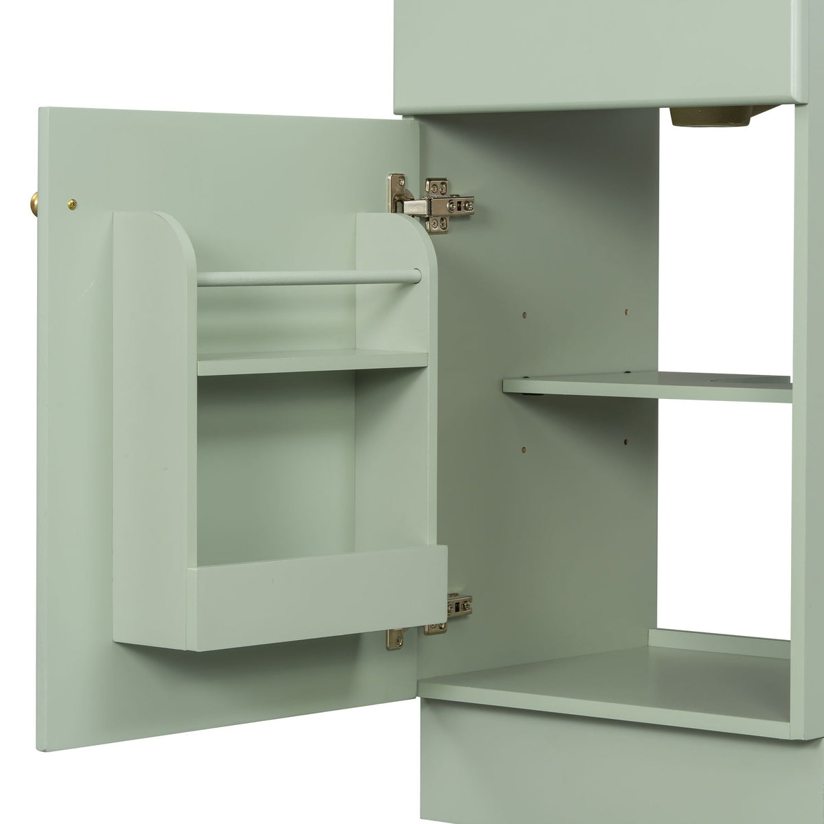 Bathroom vanity by HouseOfZazla in sage green with adjustable interior shelf on Tampa Home & Garden Store