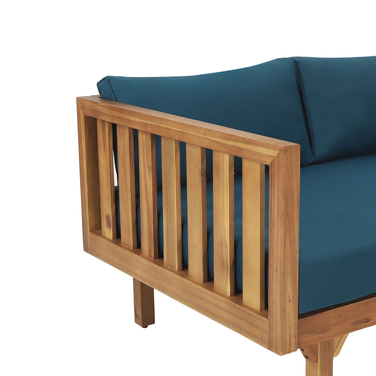 Claremont 3 Seater Daybed in teak acacia wood with slatted frame and blue cushions on Tampa Home & Garden Store