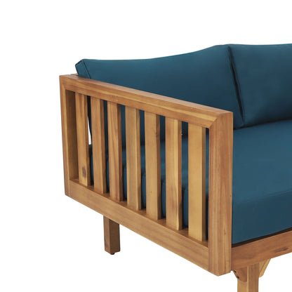 Claremont 3 Seater Daybed in teak acacia wood with slatted frame and blue cushions on Tampa Home & Garden Store