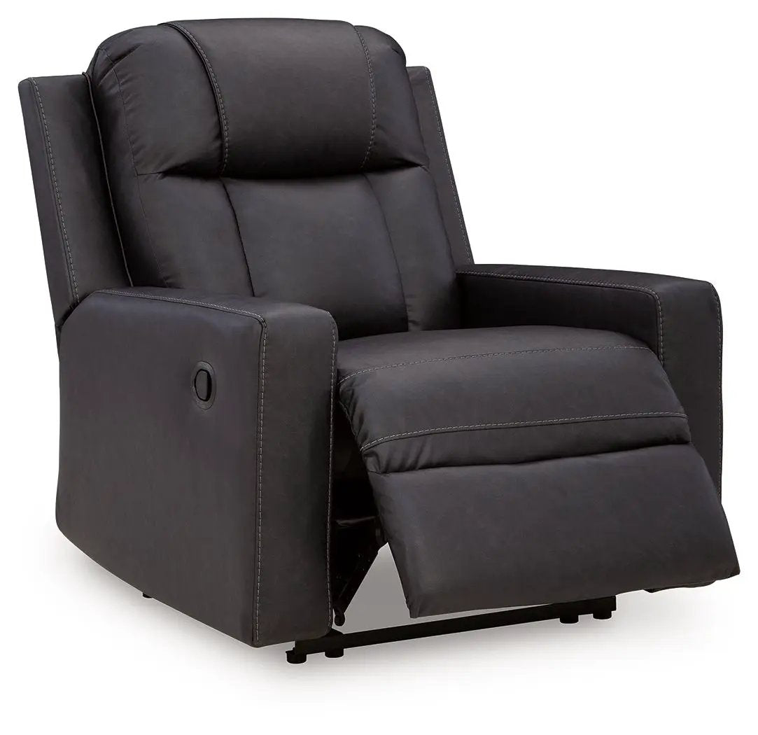 Mackmenville zero-wall recliner in dark gray faux leather with cushioned headrest on Tampa Home & Garden Store