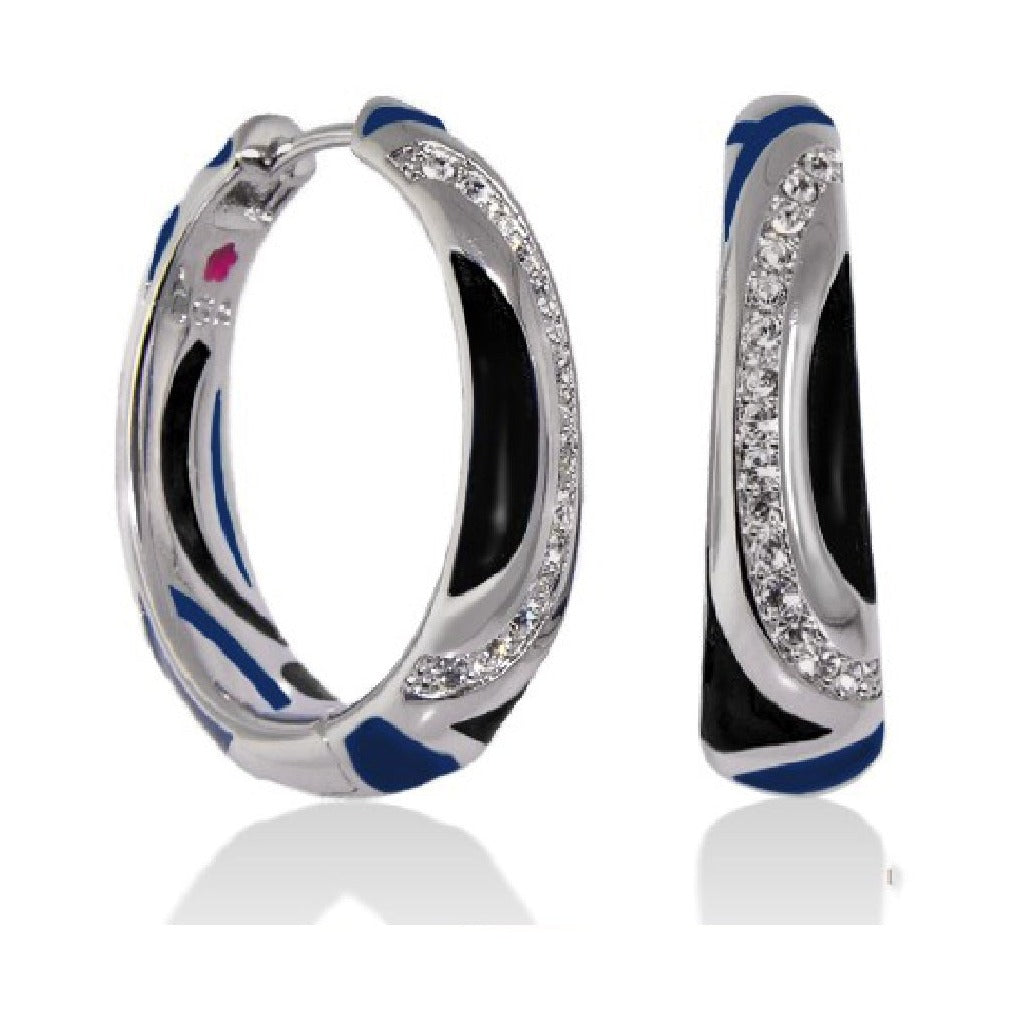 Art Deco Cocktail enamel hoop earrings by Lauren G Adams in silver-tone with blue and crystal pavé on Tampa Home & Garden Store