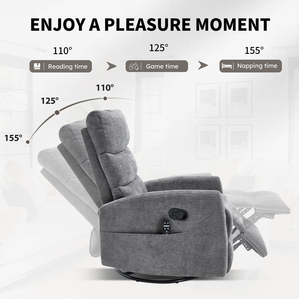 Heat Massage Manual Recliner Chair in gray fabric with rocker and swivel by HouseOfZazla on Tampa Home & Garden Store