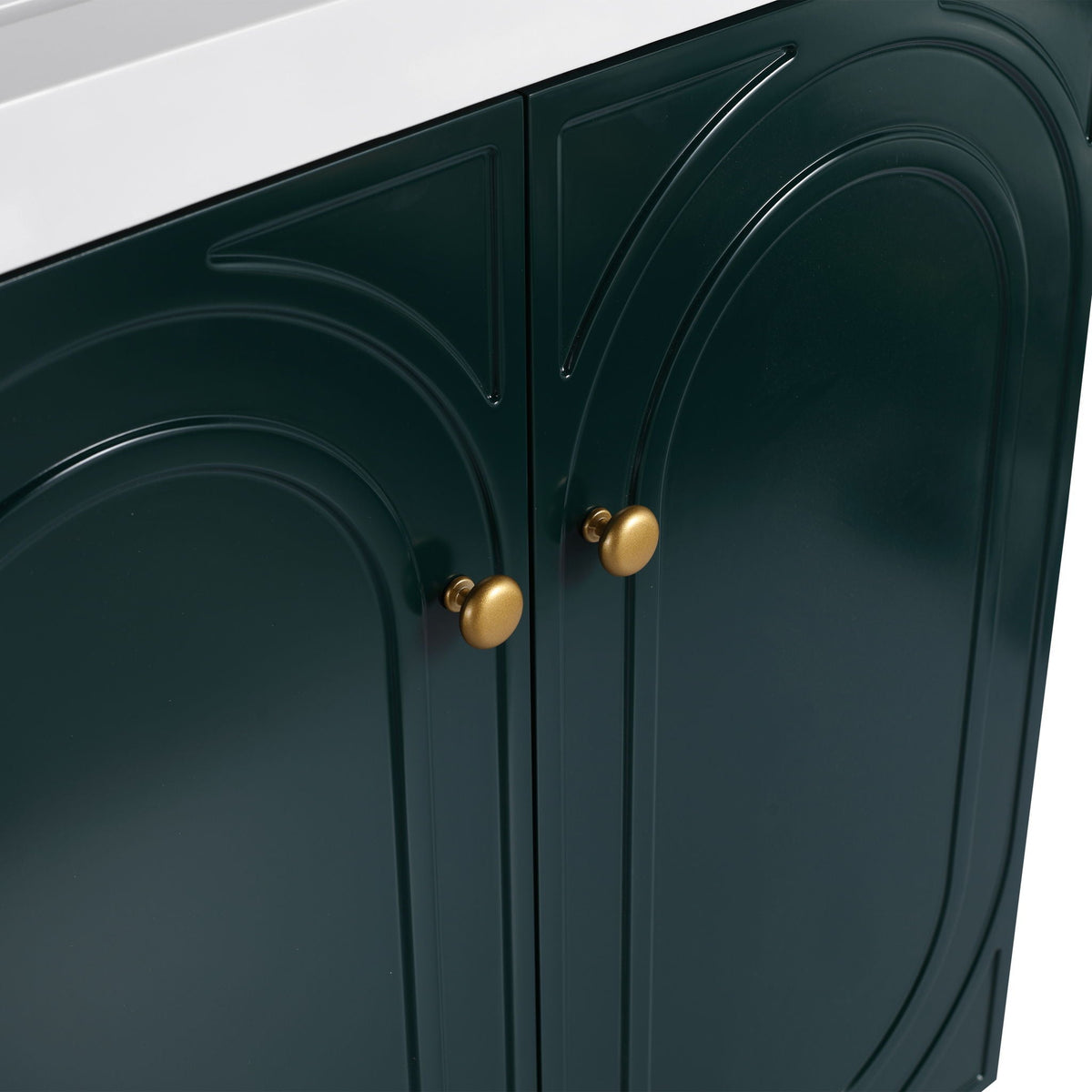 Freestanding bathroom vanity with soft close, dark green cabinet doors, brass knobs on Tampa Home & Garden Store