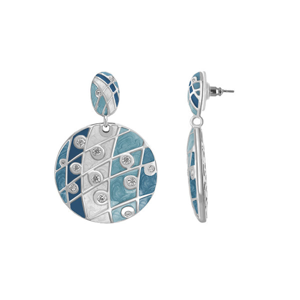 Sunburst Earrings pair by Lauren G Adams in blue mosaic enamel with silver lines and crystals on Tampa Home & Garden Store