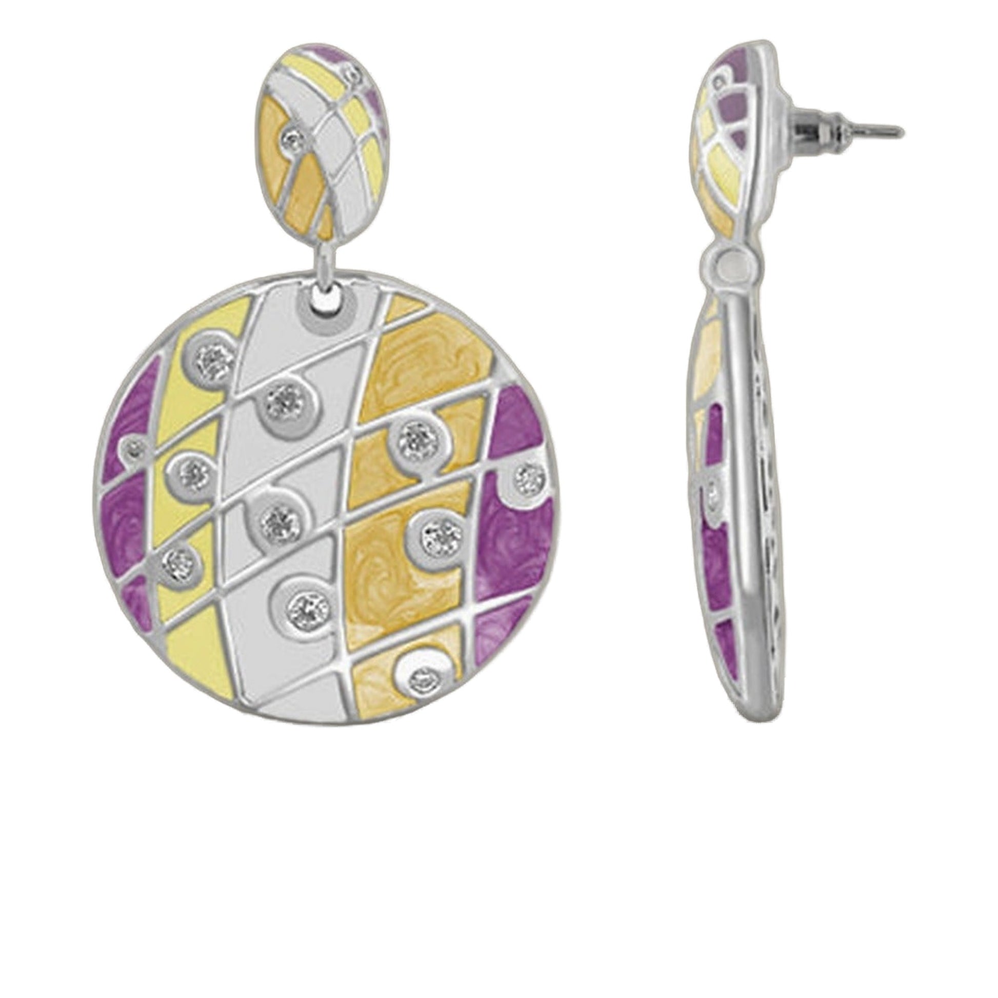 Sunburst chandelier earrings 2-piece mosaic in yellow purple gray with rhinestones, posts on Tampa Home & Garden Store