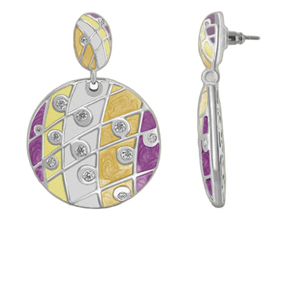 Sunburst chandelier earrings 2-piece mosaic in yellow purple gray with rhinestones, posts on Tampa Home & Garden Store