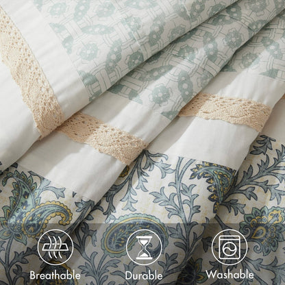 9 Piece Cotton Percale Aqua Comforter Set by HouseOfZazla in aqua and white with beige lace trim on Tampa Home & Garden Store