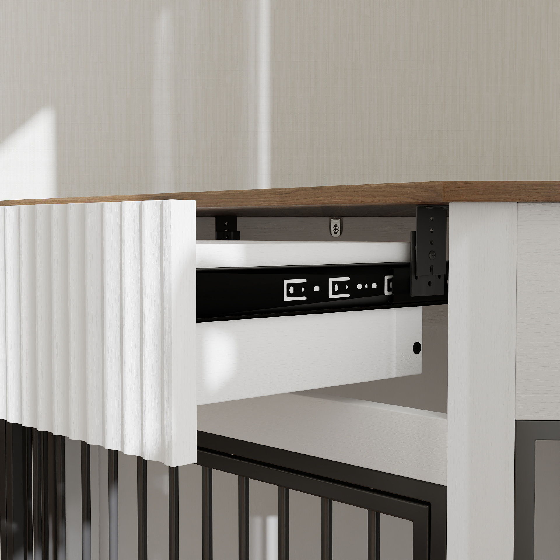 Corner Dog Crate cage with white cabinet panels and black metal bars, wood trim, HouseOfZazla on Tampa Home & Garden Store