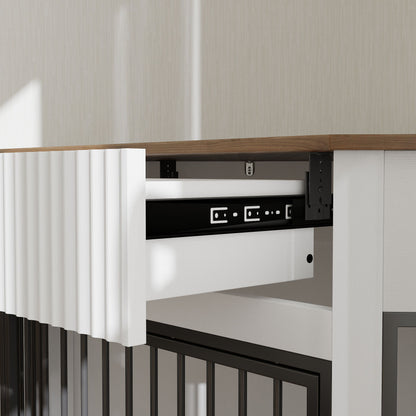 Corner Dog Crate cage with white cabinet panels and black metal bars, wood trim, HouseOfZazla on Tampa Home & Garden Store