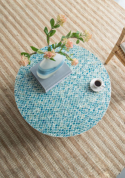 Capiz coffee table with pedestal base, round blue mosaic top on Tampa Home & Garden Store