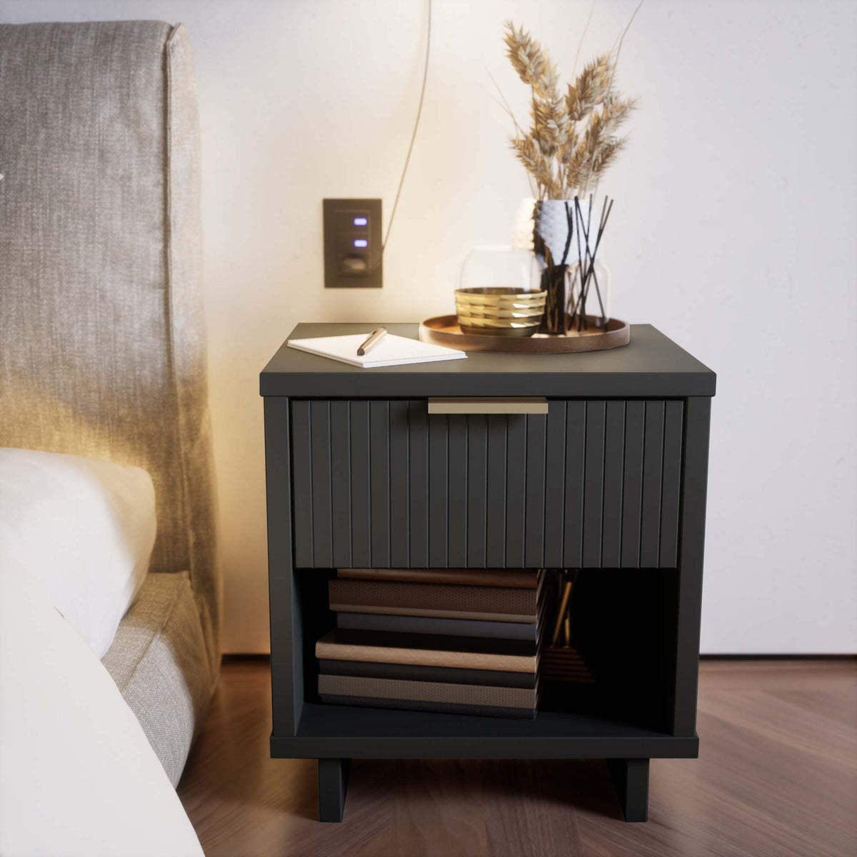 Granville Nightstand with 1 Drawer in dark gray solid wood, top with gold tray and diffuser on Tampa Home & Garden Store