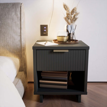 Granville Nightstand with 1 Drawer in dark gray solid wood, top with gold tray and diffuser on Tampa Home & Garden Store
