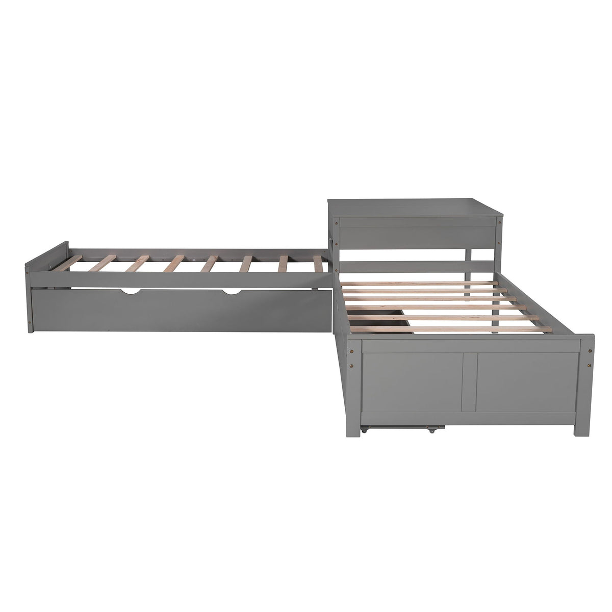 Gray L-shaped platform bed with built-in desk, trundle and drawers by HouseOfZazla on Tampa Home & Garden Store