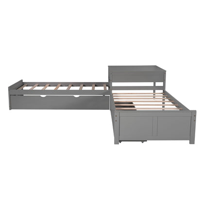 Gray L-shaped platform bed with built-in desk, trundle and drawers by HouseOfZazla on Tampa Home & Garden Store