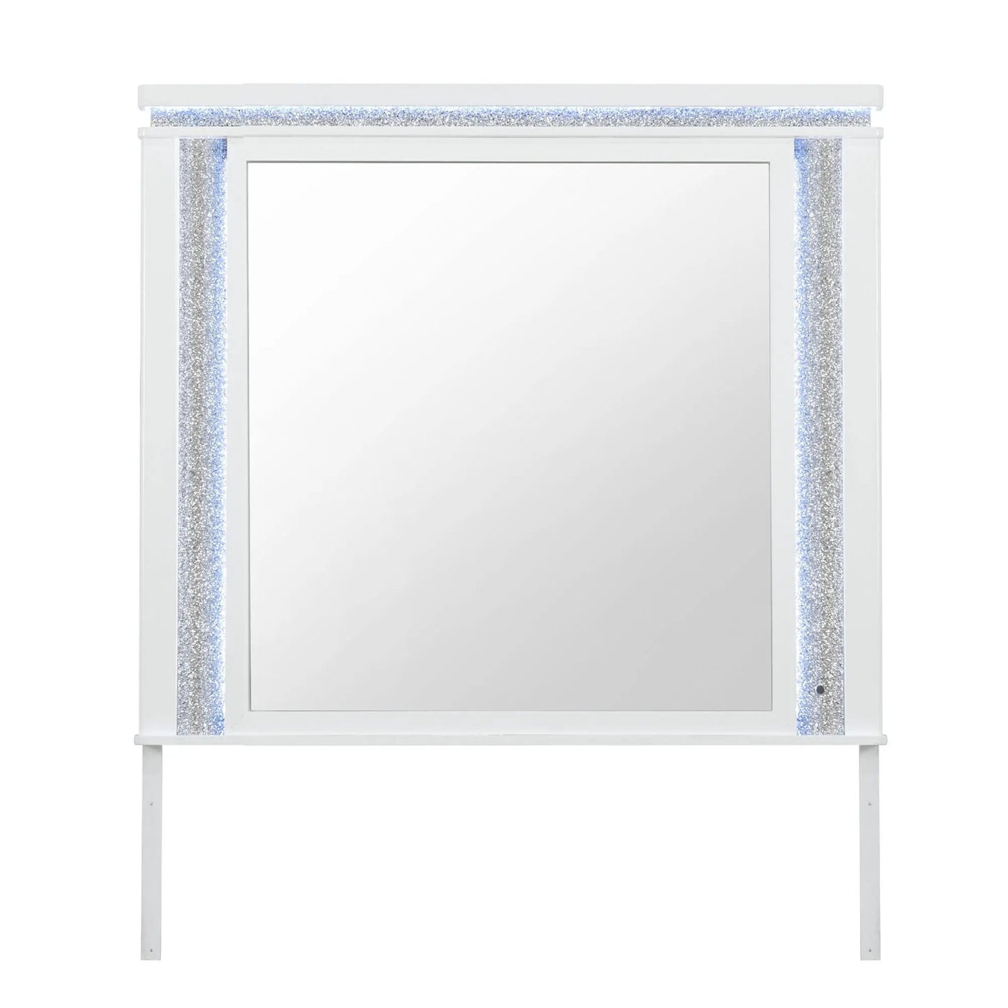 Adalid square LED mirror with glitter detailing in white frame by Unique Piece Furniture on Tampa Home & Garden Store