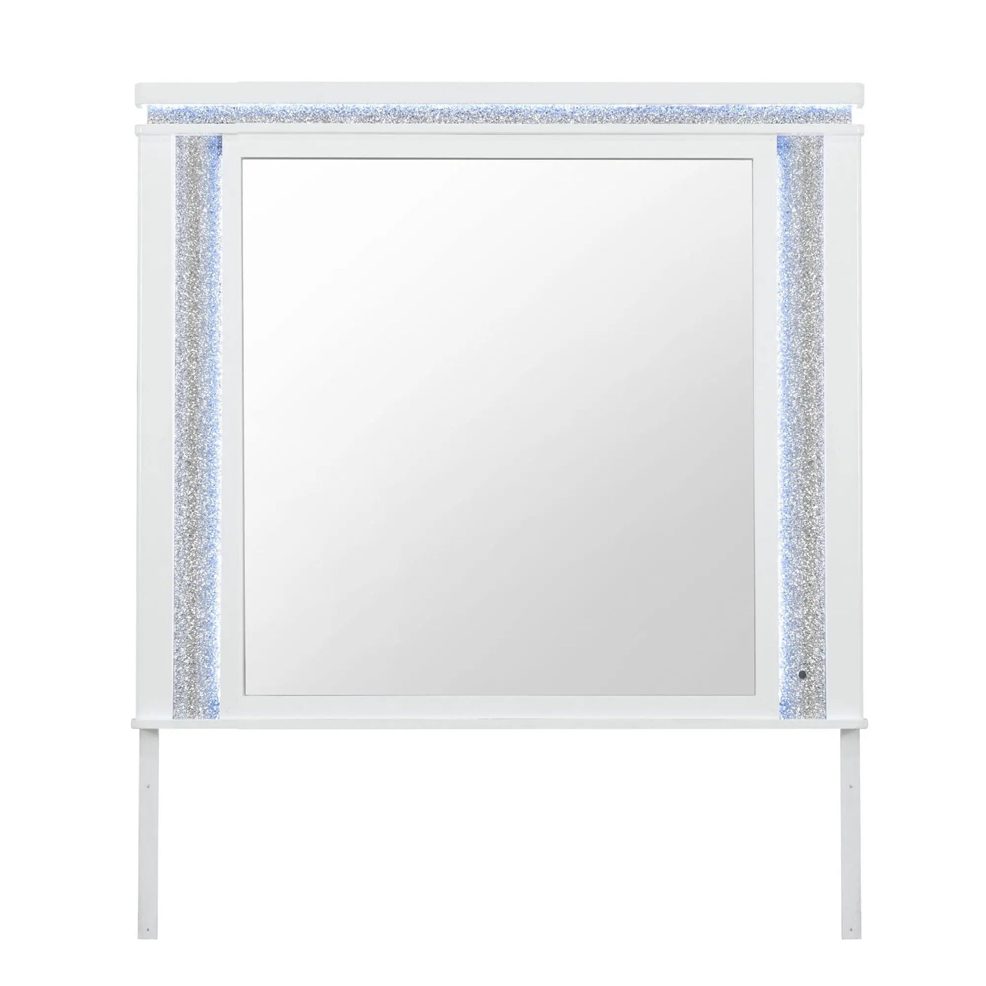 Adalid square LED mirror with glitter detailing in white frame by Unique Piece Furniture on Tampa Home & Garden Store
