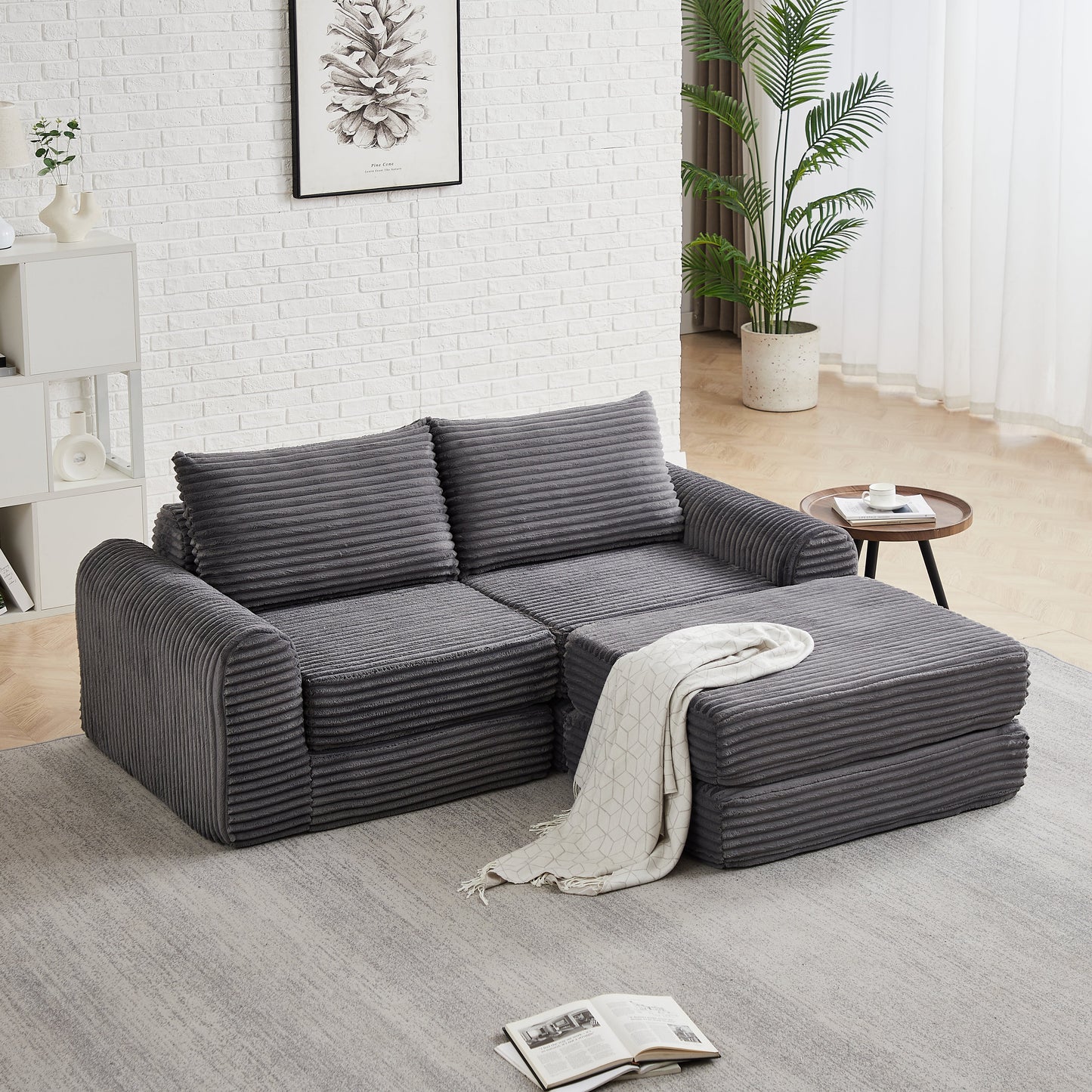 Minimalist Corduroy Sofa Bed and Throw Pillows