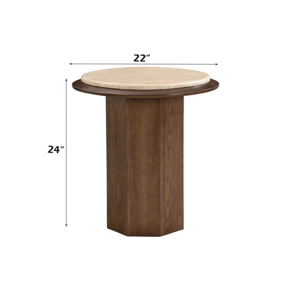 Walnut End Table with Travertine Top round 22in dia, 24in high, HouseOfZazla contemporary design on Tampa Home & Garden Store