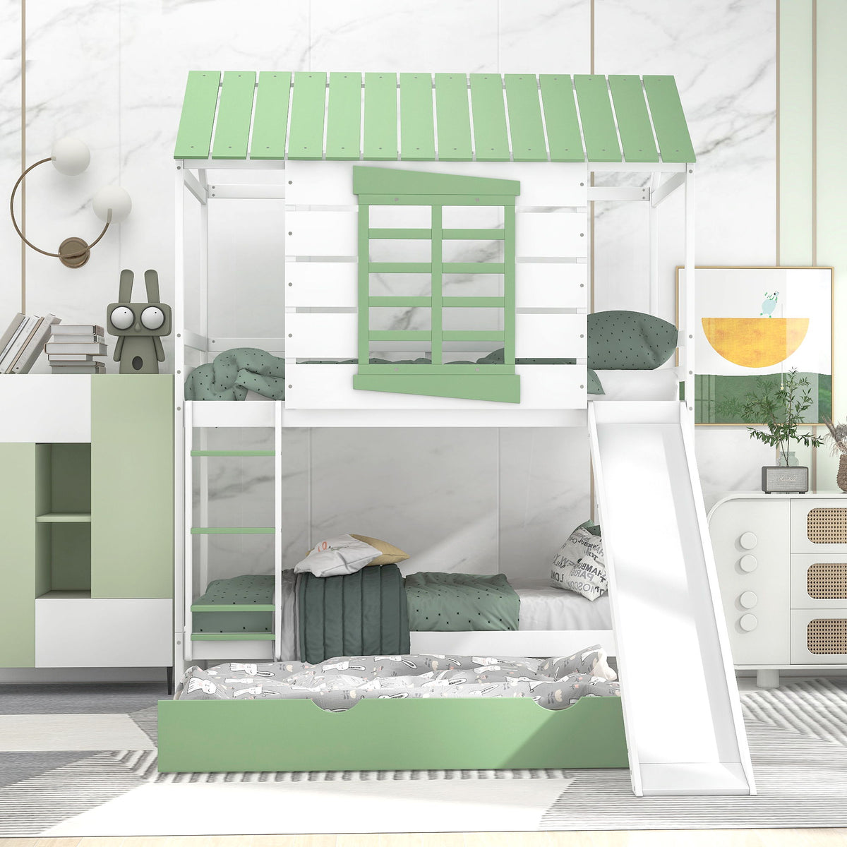 Twin over twin bunk bed in white with green roof slats, built-in slide and under-bed trundle on Tampa Home & Garden Store