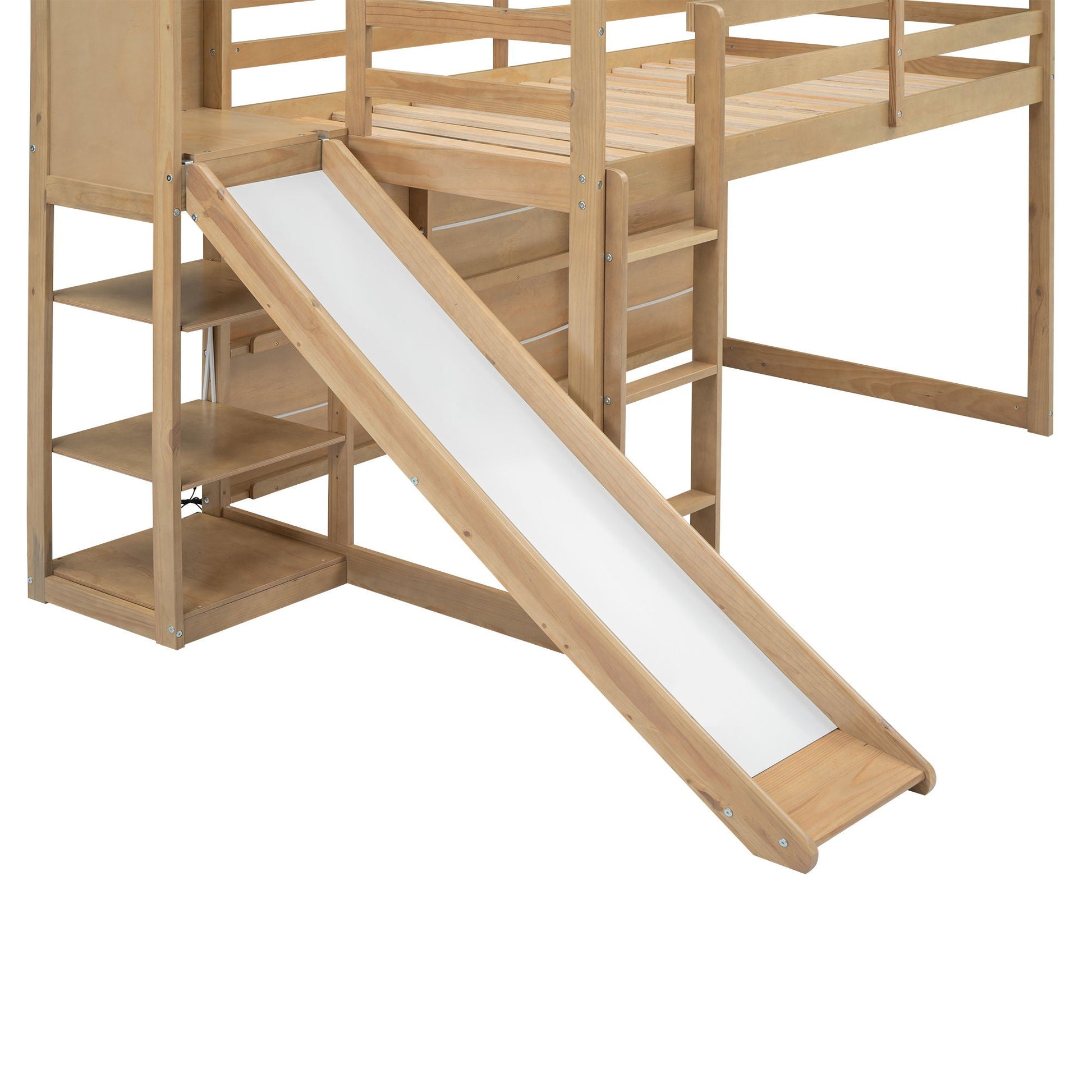 House Loft Bed With Slide, wooden frame with built-in storage shelves and ramp on Tampa Home & Garden Store