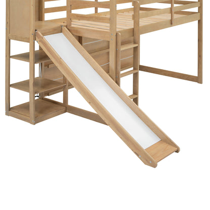 House Loft Bed With Slide, wooden frame with built-in storage shelves and ramp on Tampa Home & Garden Store