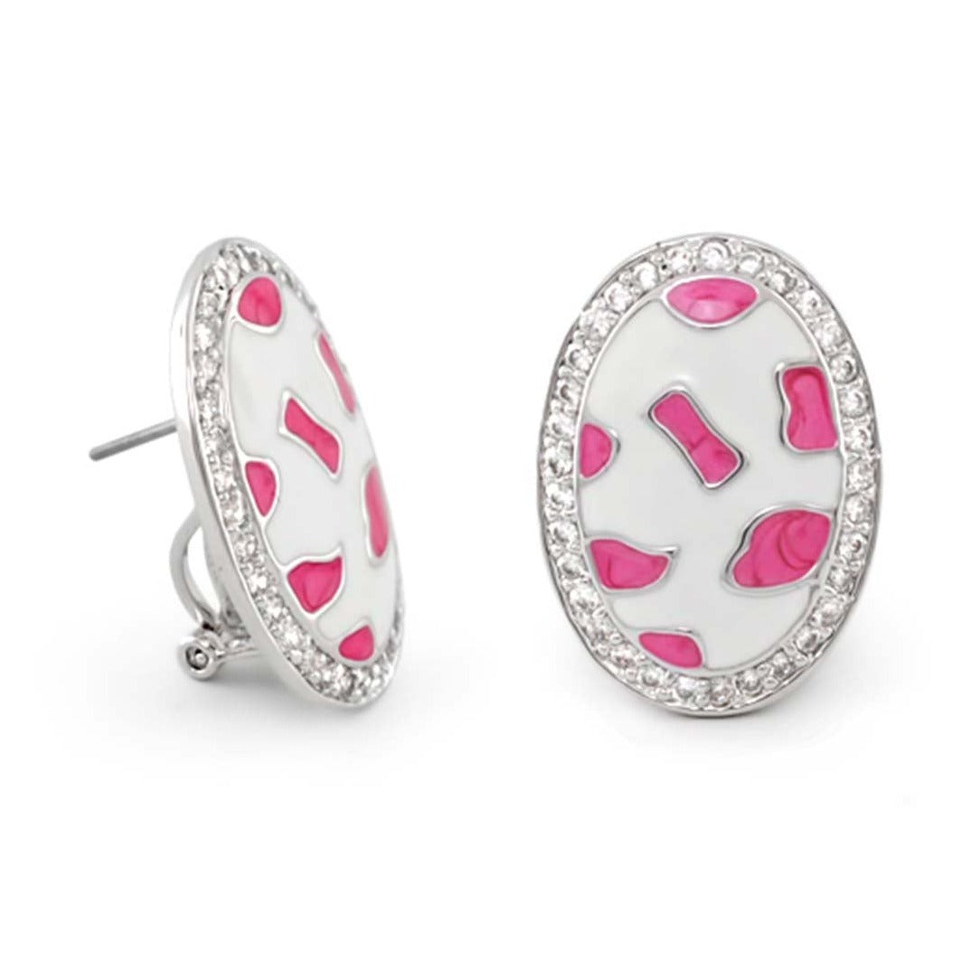 Animal Paradise Earrings by Lauren G Adams, oval enamel studs with pink spots and crystal rim on Tampa Home & Garden Store