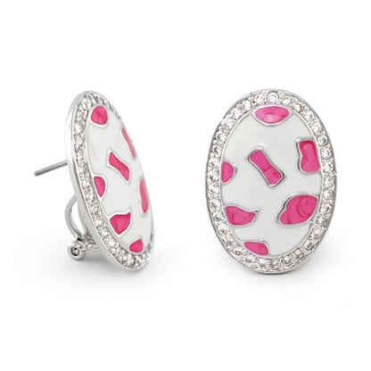 Animal Paradise Earrings by Lauren G Adams, oval enamel studs with pink spots and crystal rim on Tampa Home & Garden Store