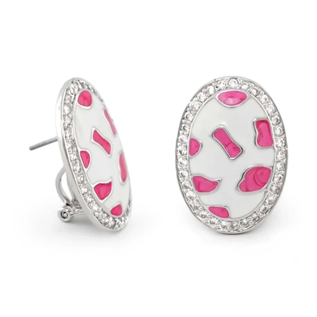 Animal Paradise earrings by Lauren G Adams, oval white enamel with pink spots, crystal rim on Tampa Home & Garden Store