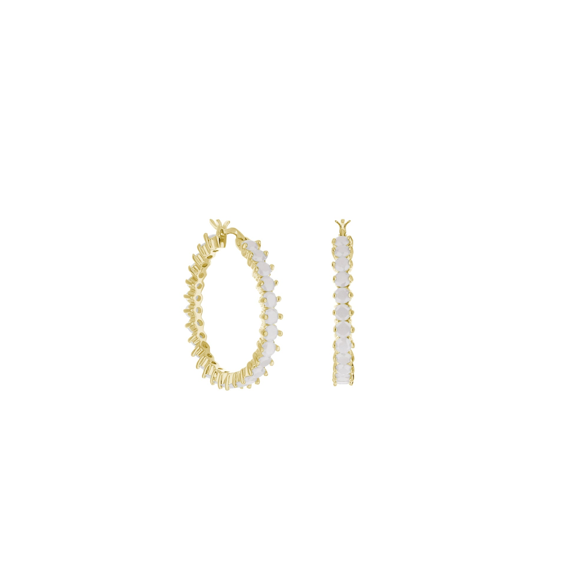 Pave hoop earrings oval stone row by Lauren G Adams, gold tone with white stones, 3 hoops on Tampa Home & Garden Store