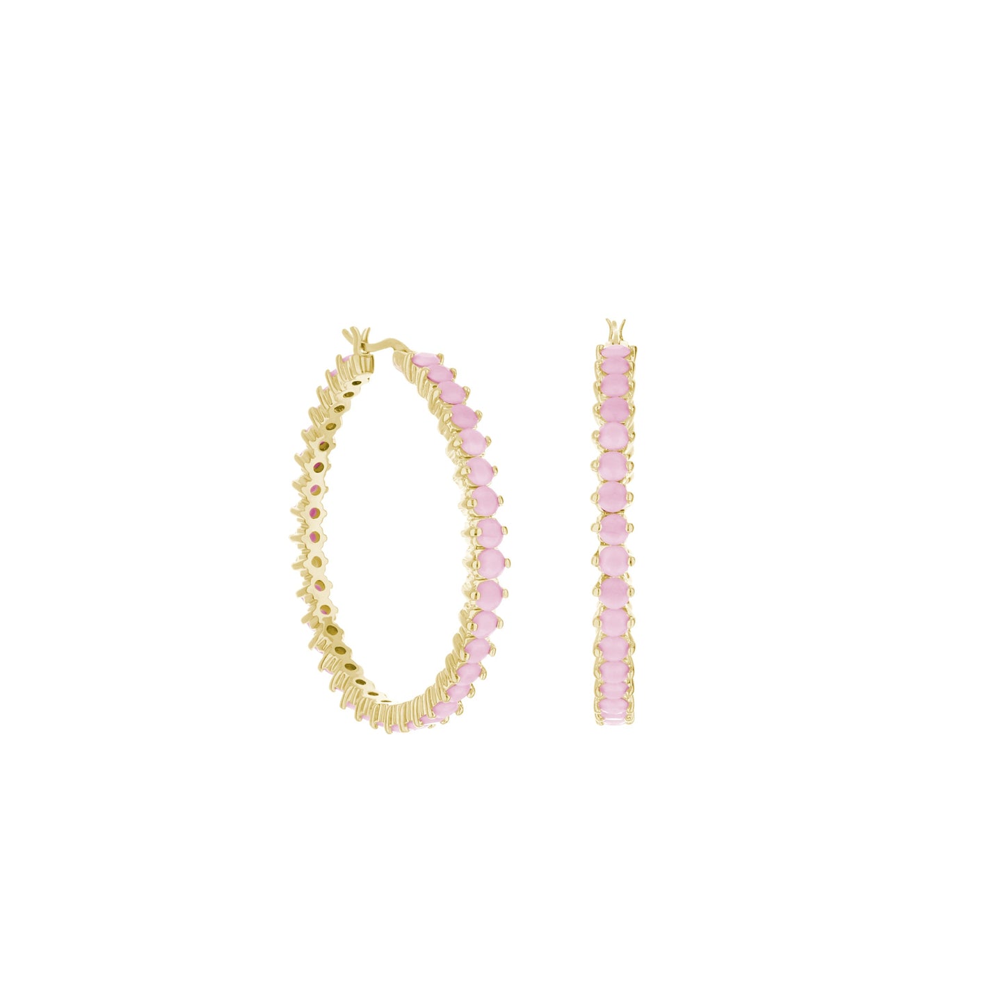 Pave Hoop Earrings Oval Stone Row by Lauren G Adams, gold-tone hoops with pink oval stones on Tampa Home & Garden Store