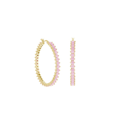 Pave Hoop Earrings Oval Stone Row by Lauren G Adams, gold-tone hoops with pink oval stones on Tampa Home & Garden Store