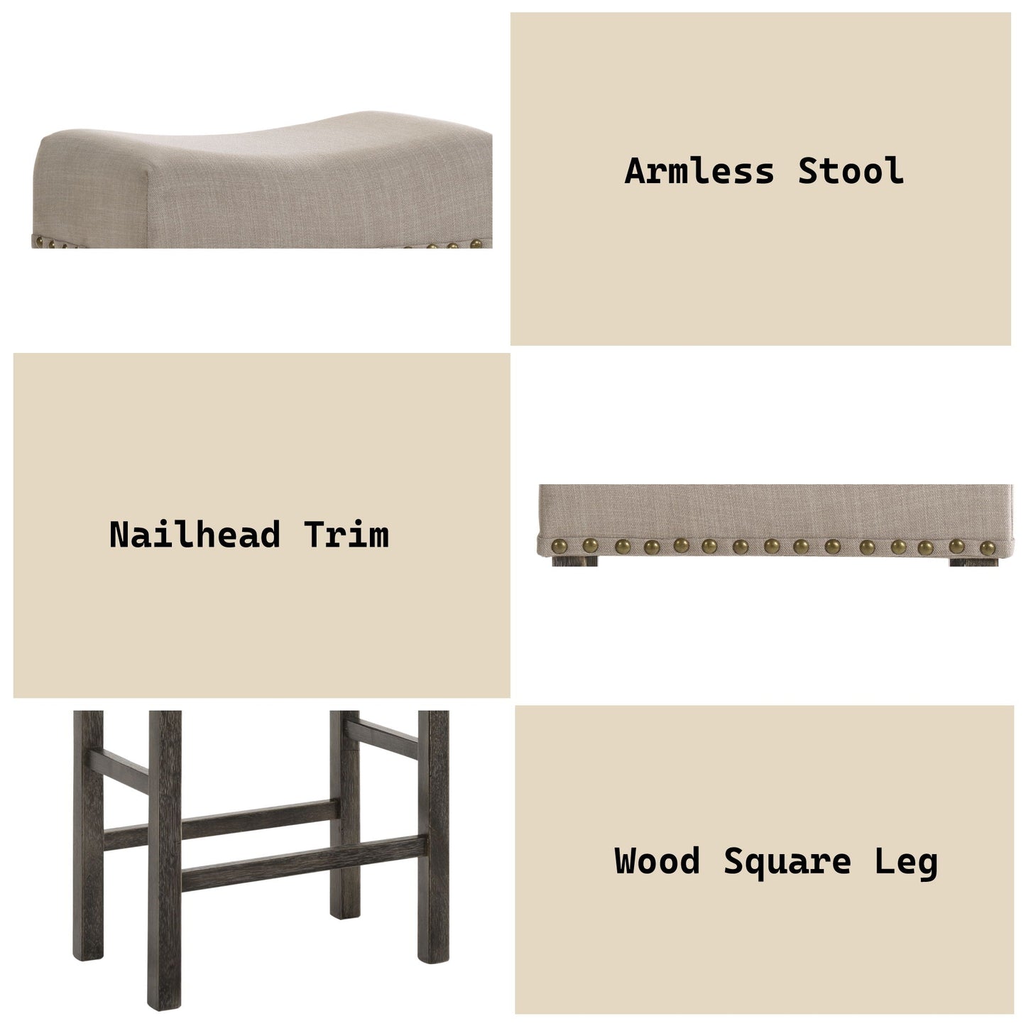 Martha II counter height stools set of 2 gray/tan fabric with nailhead trim and wood legs on Tampa Home & Garden Store
