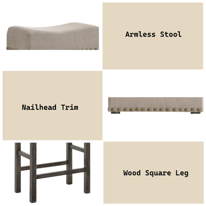 Martha II counter height stools set of 2 gray/tan fabric with nailhead trim and wood legs on Tampa Home & Garden Store