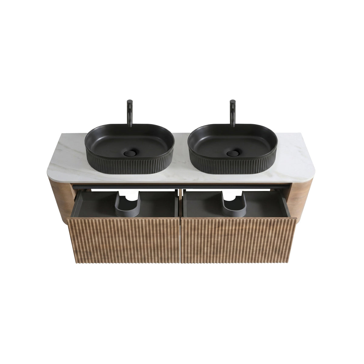 Erba 60 Inch Bathroom Vanity Sink honey oak with two black vessel sinks atop marble countertop on Tampa Home & Garden Store
