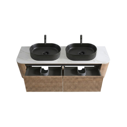 Erba 60 Inch Bathroom Vanity Sink honey oak with two black vessel sinks atop marble countertop on Tampa Home & Garden Store