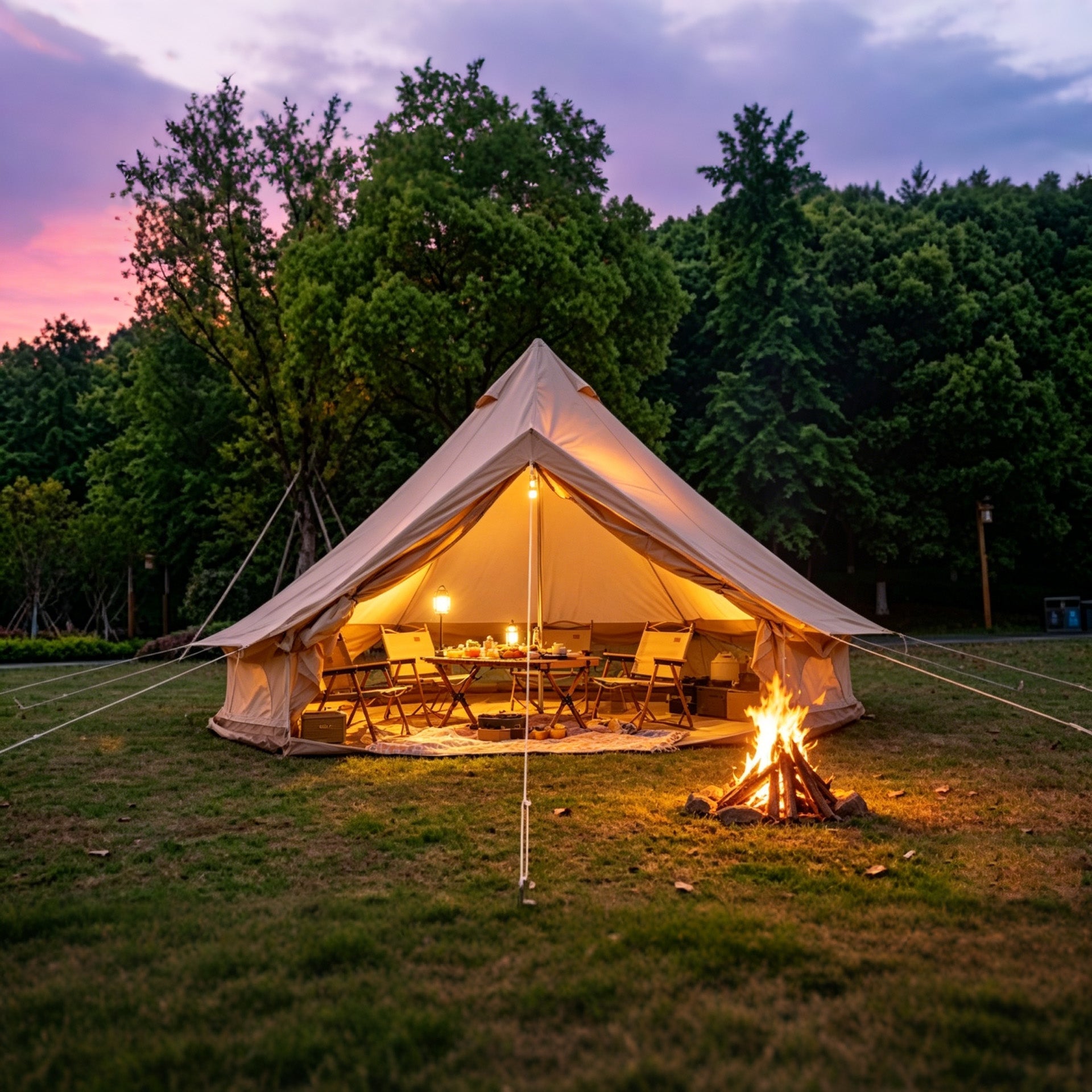 Oxford Bell Tent 13.1FT beige canvas with warm interior lighting and camp dining GemGear on Tampa Home & Garden Store
