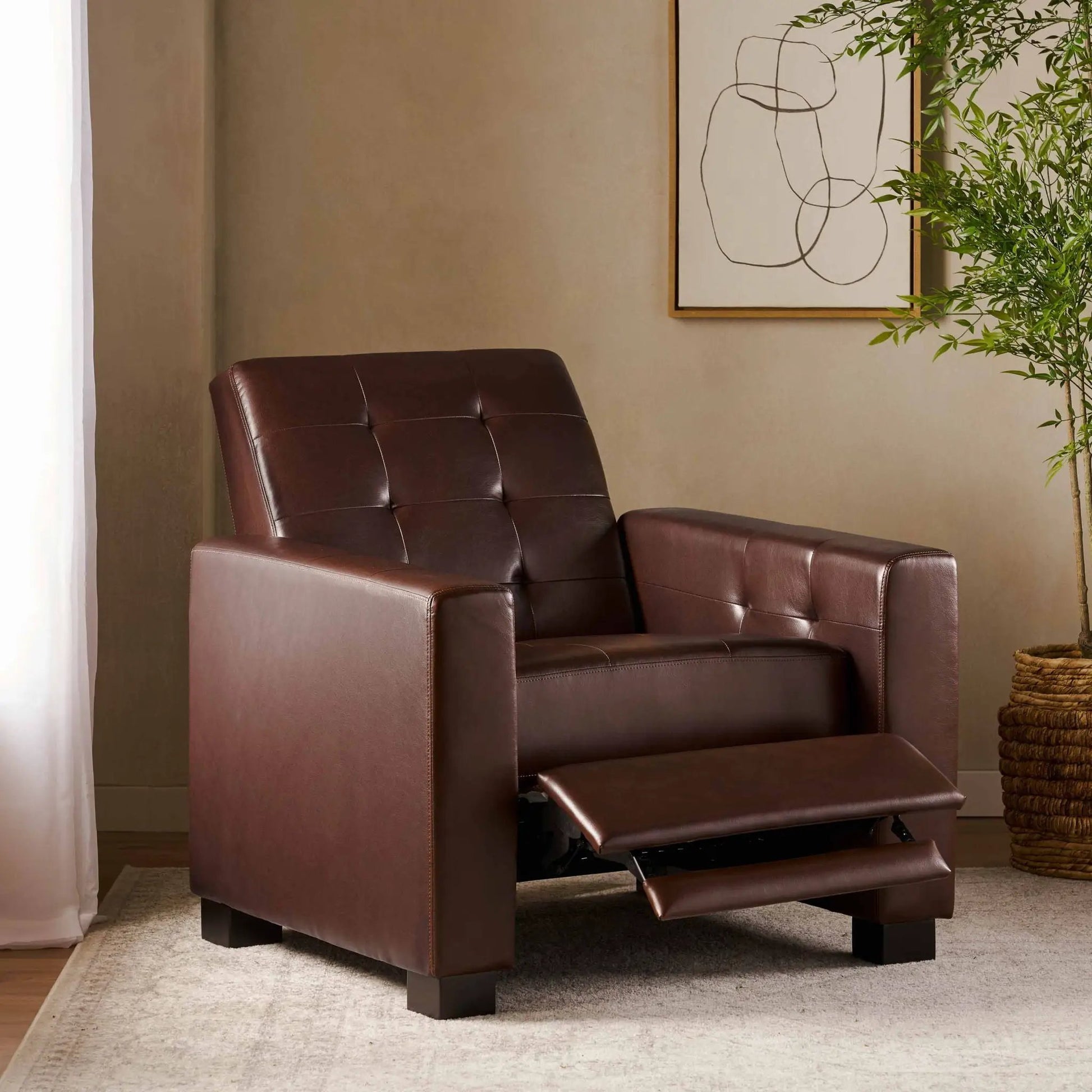 Langseth Contemporary Tufted Pushback Recliner, brown leather with extended footrest on Tampa Home & Garden Store