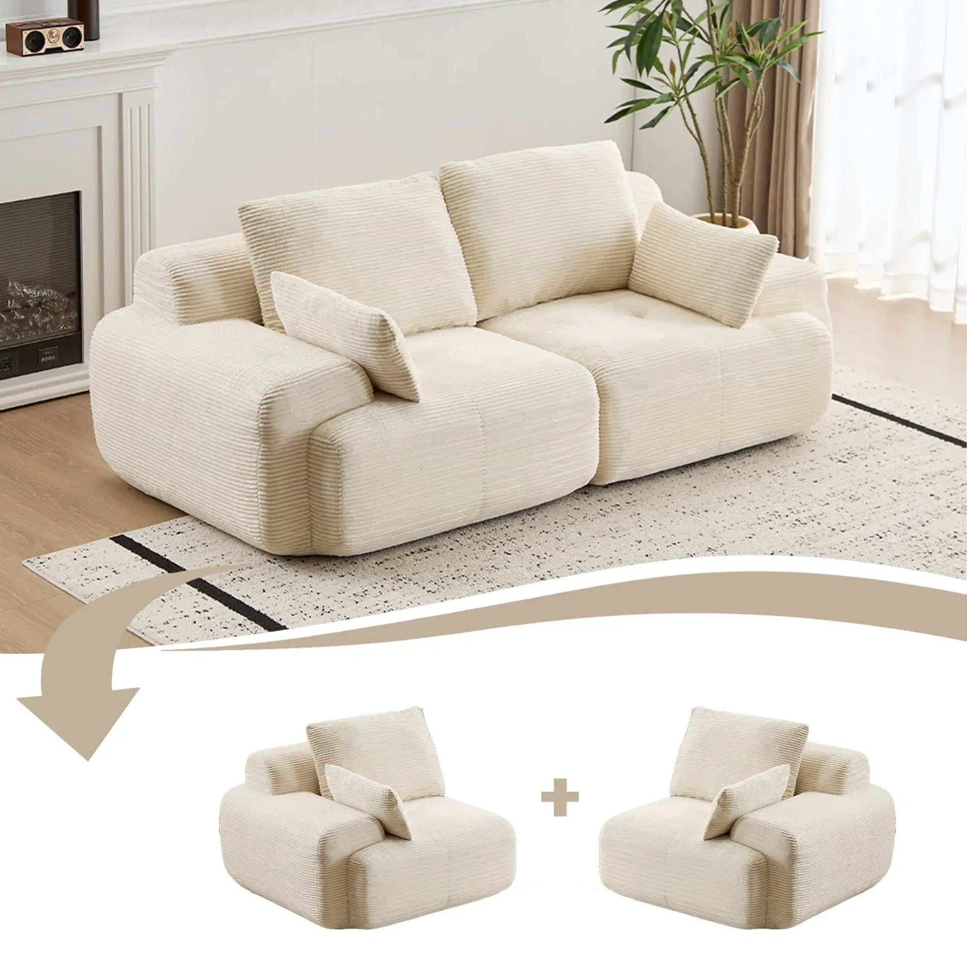 2 Seater Couch beige corduroy with 2 ottomans by Unique Piece Furniture Stationary Sofas on Tampa Home & Garden Store