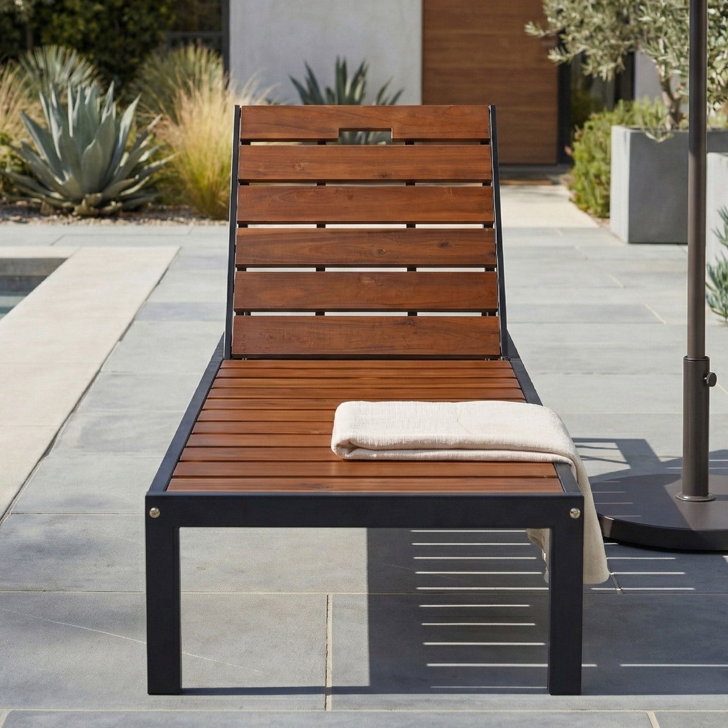 Outdoor Chaise With Adjustable Backrest sunlounger HouseOfZazla wood slats black frame on Tampa Home & Garden Store